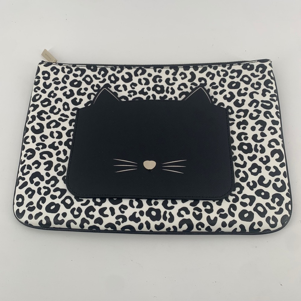 Kate Spade Meow Cat Leopard Print Large Pouch Crossgrain Leather Clutch Black
